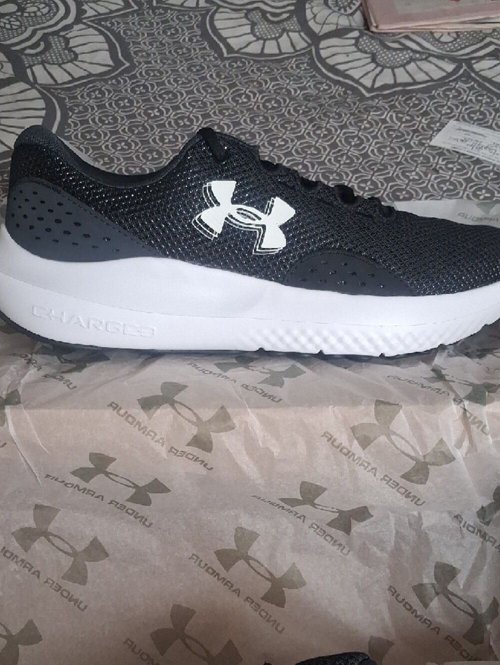 NWT and In Box Under Armour "Surge Charged" Black N White Athletic Mesh Shoes - Picture 2 of 9